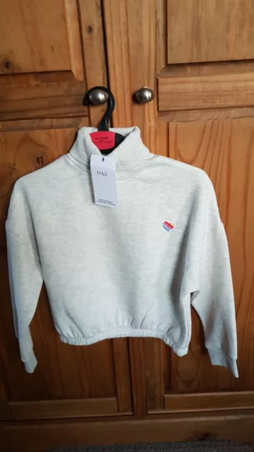 Girls Grey Roll Neck Heart Sweatshirt Age 8-9 From Marks And Spencer BNWT
