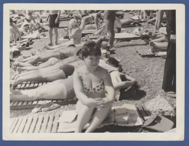 Girl in swimsuits on the beach, guys in trunks Soviet Vintage Photo USSR