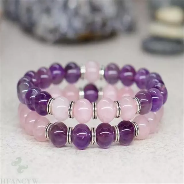 2pcs 8mm Pink crystal Amethyst Gemstone Mala Bracelet 7.5 inches Healing Reiki