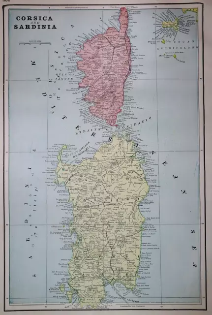 Old 1902 Cram Atlas Map ~ CORSICA - SARDINIA ~ (LG13x18) #1381