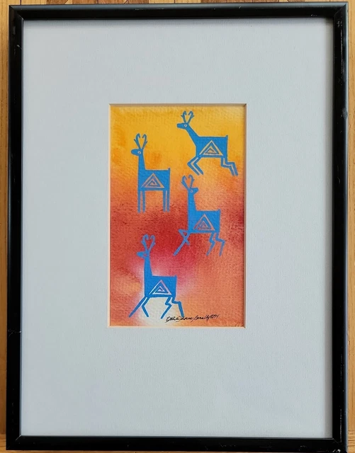 Original Framed Artwork Watercolor & Acrylic Native American Deer Signed Benally