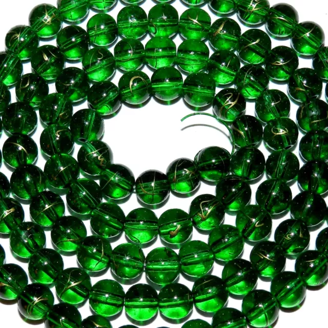 G4016 Green with Gold Drizzle Metallic Drawbench 8mm Round Glass Beads 32" Stran