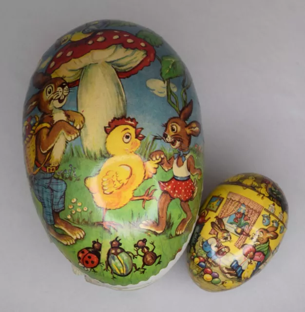 Lot of 2 Vintage Paper Mache Easter Egg Candy Containers Bunny Rabbit Germany 7"