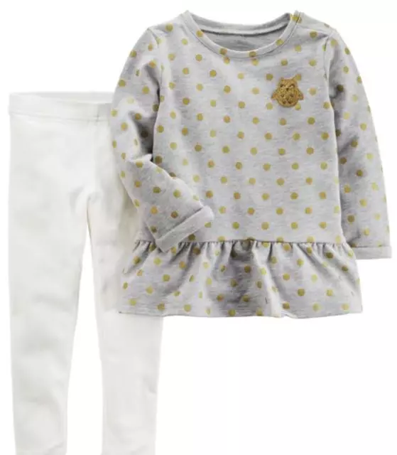 Carter's Girl 2pc Owl Gray Peplum Top Gold Dots & White Sparkle Legging Set