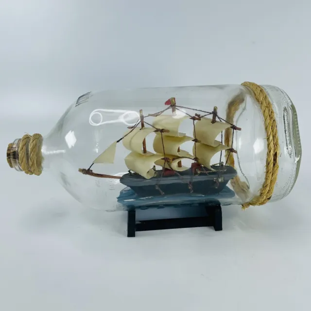 Vintage Sailing Ship In A Glass Bottle w/ Rope and Stand Nina Pinta Santa Maria