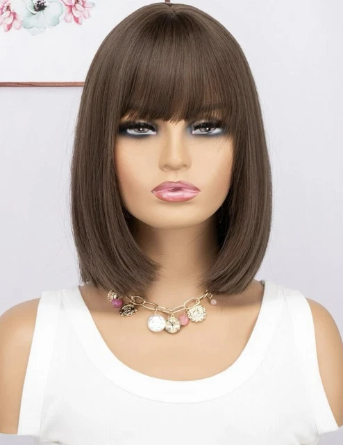 Perruque Longue Synthétique Brune Châtain Avec Frange - Bonnet Réglable +4 Tailles - Style Lisse Et Naturel