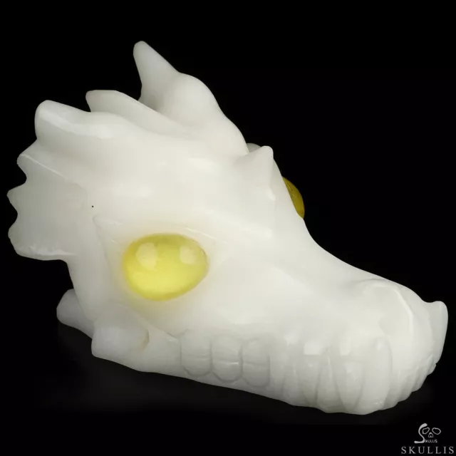 5.0" White Jade Hand Carved Crystal Dragon Skull with Yellow Obsidian Eyes