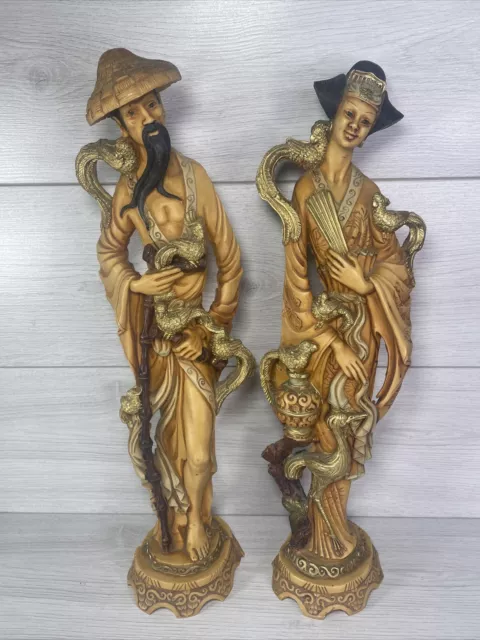 Vintage Oriental Japanese Resin Sculpture Figures Pair Of Men & Woman 2