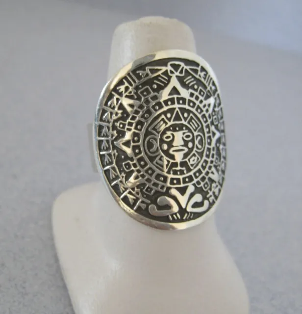 Aztec Calendar Mayan 925 Silver Taxco Mexico Chicano Latino Ring Size To Choose