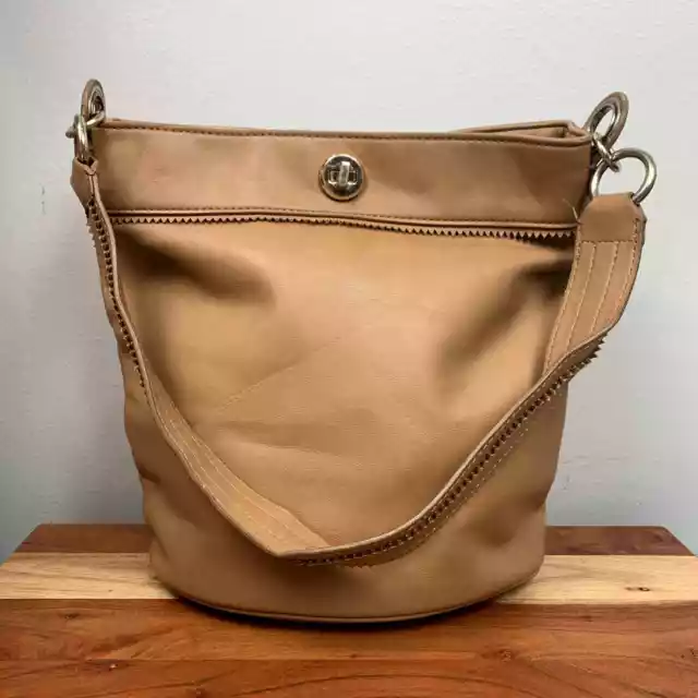 Nine West Bucket Bag Purse Brown Tan Vegan Faux Leather Tote Pockets Boho