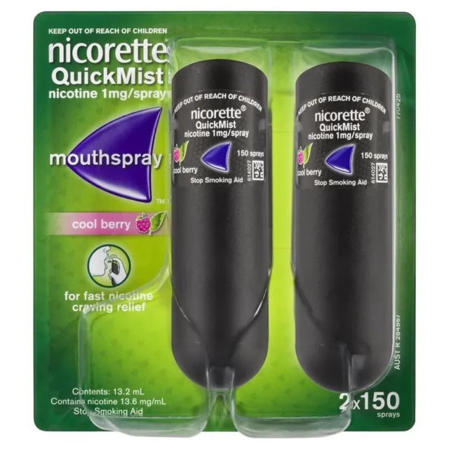 Nicorette Quit Smoking Quick Mist Nicotine Mouth Spray Cool Berry - 2 x 150 Pack