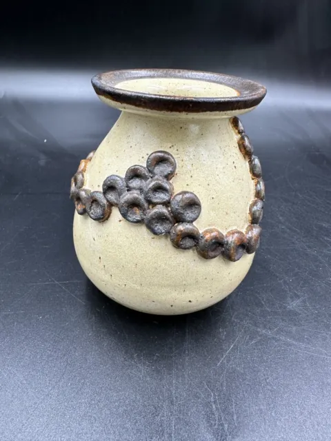 Anne Bray Studio Stoneware Thumbprint Brown Pottery Mini Bud Vase Signed