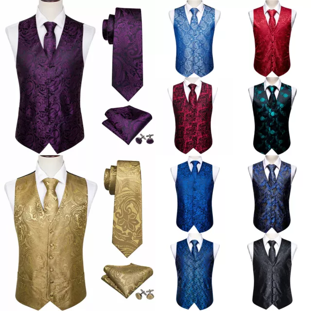 Mens Formal Wedding Waistcoat Floral Paisley Suit Vest Slim Tuxedo Silk Tie Set