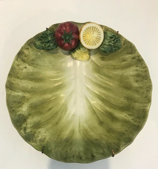 Vintage Walter Hatches Pottery Majolica Lettuce Plate Lemon & Plate Hanger