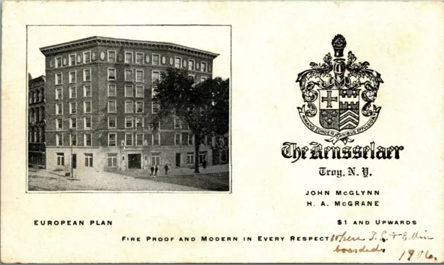 1916 Advertising Flyer Card Troy New York NY The Rensselaer Hotel