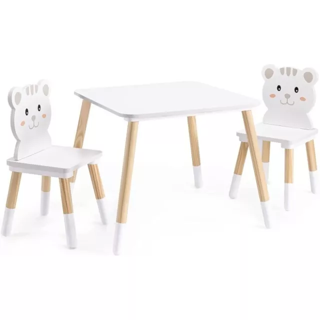 Kids Wooden Table and Chairs Set Solid Wood Desk, 2 chair Furniture Set