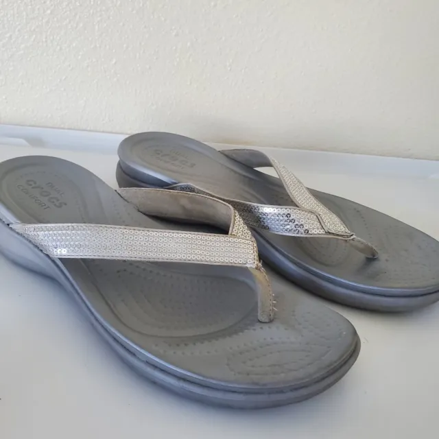 Crocs Capri V Sequin Womens Size 11 Gray Dual Comfort Casual Slip On Flip Flops