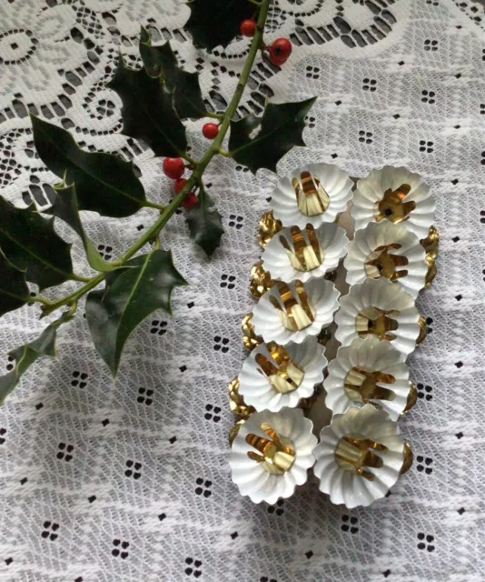 Vintage Christmas Tree Metal Rosettes Candle Holders/Clips White Gold Spring Cli