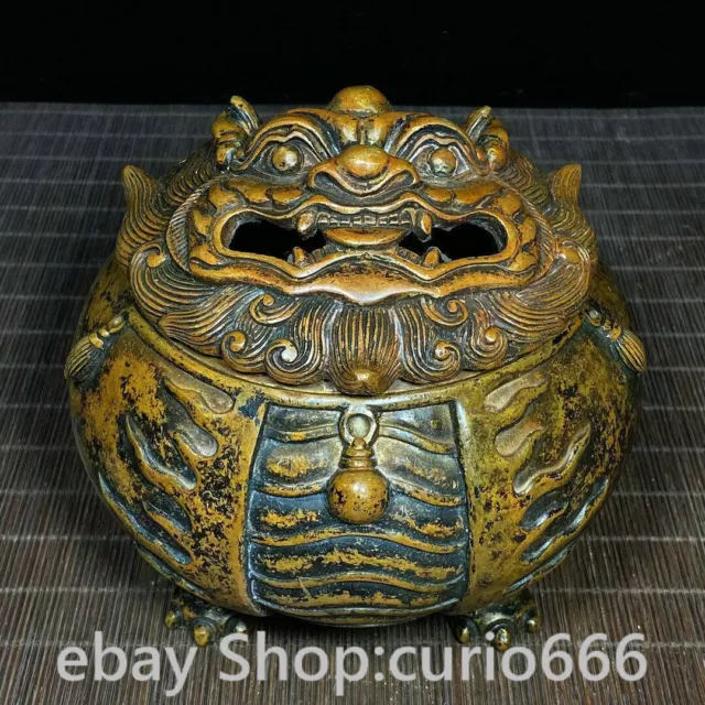 6.1" Folk collection Old China Bronze Dragon Beast 4 legs Incense Burner Censer