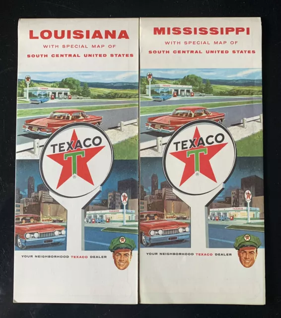 Vintage NOS Texaco Road Maps (2)  Mississippi & Louisiana 1961 & 1964