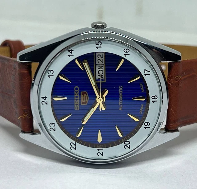 {Vintage Seiko 5 Automatic 17J BLUE FACE Japan Made Men's Wrist Watch 37MM....