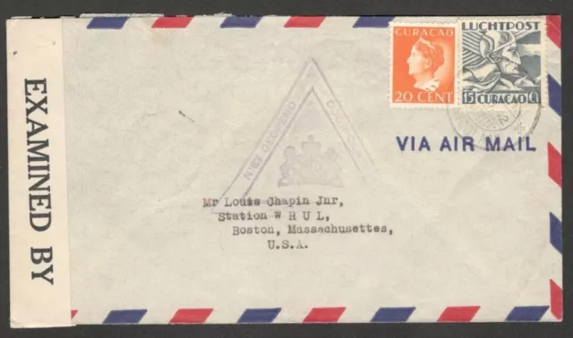 (AOP) Curacao WW2 1942 dual censor cover to USA