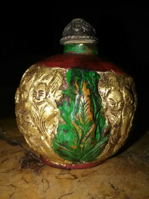 Antique Chinese Carved Painted Walnut Shell Snuff Bottle with 18  Luohans Elders