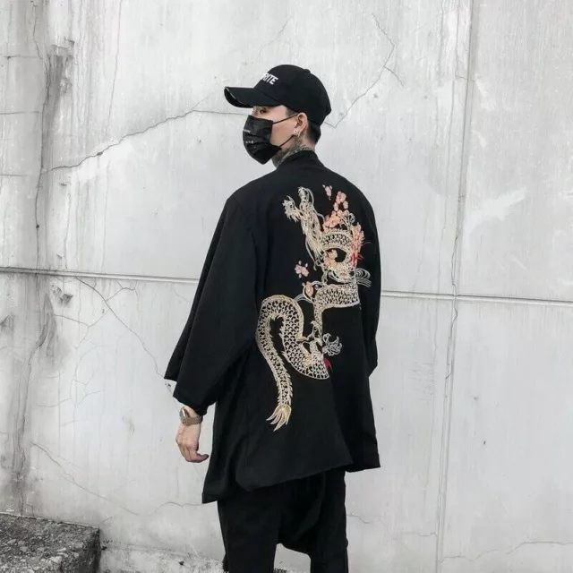 Herren Damen Kimono Jacke Yukata Oberteile Chinesischer Drache Stickerei Mantel