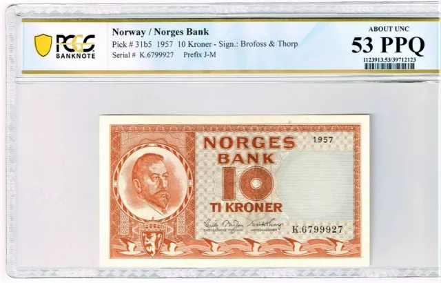 Norway: 1957 10 Kroner Norges Bank Note Pick-31b5 PCGS Banknote About Unc 53 PPQ