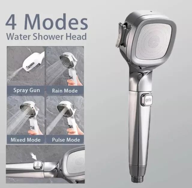 4-mode Handheld Pressurized Shower Head with Pause Switch, Built-in Power Wash