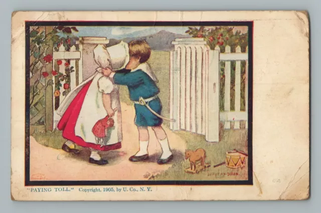 1908 Boy Girl Bonnet Toys Drum Horse Doll Paying Toll Dixon Postcard