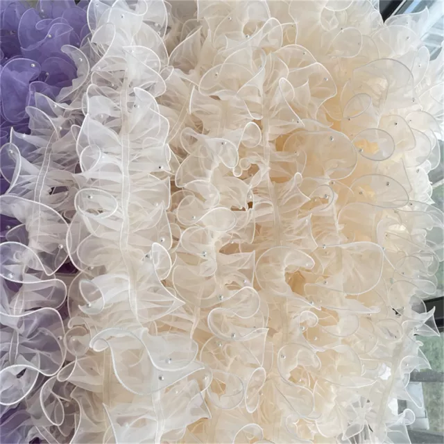 11cm Wide Pearl Nailed Beaded Ruffle Organza Lace Trim for Doll Clothes DIY 3
