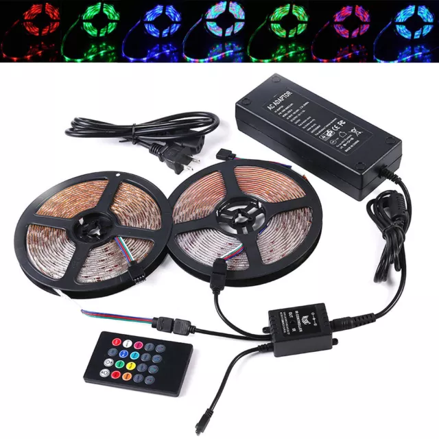 5M 10M 20M 3528 RGB LED Strip Lights Tape +20key Music IR Remote + Power Adapter