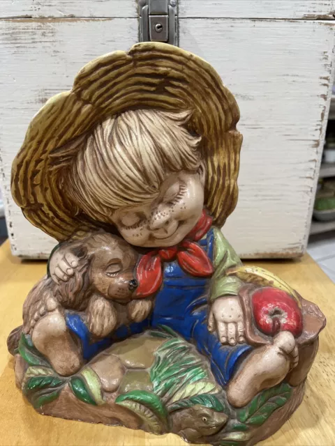 Vtg 1973 Ceramic Barefoot Boy Straw Hat Dog Apple Ceramichrome Inc F0704