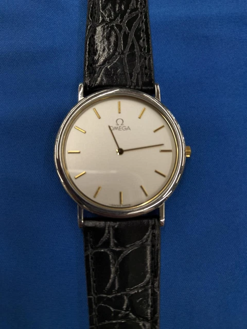 Omega De Ville Silver Gold Round Black Leather Quartz Mens Watch Auth Works