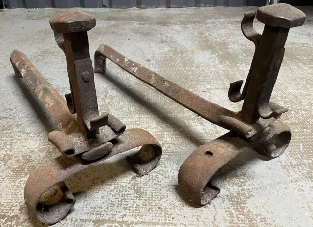 Pair Of Andirons Antique Wrought Iron 19th Century Popular Art Fire Dogs