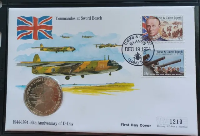 1994 D-Day 50th Anniv - 'Sword Beach' Coin Cover from Turks & Caicos Islands