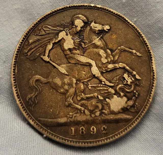 1892 VICTORIA CROWN Moneta Argento Solido 0,925 Vecchia Prova Ben Tonificata 3