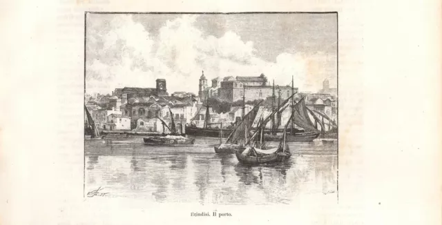 Stampa antica BRINDISI veduta panoramica porto 1892 Antique print