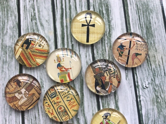 10 Egyptian Cabochons 16-25mm Mixed Round Glass Dome Seal Flat Back Ankh Pharaoh 2