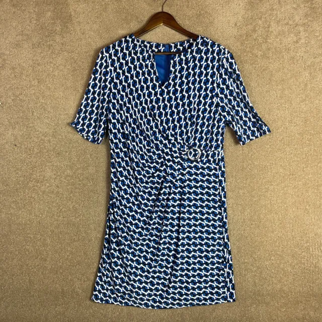 Tahari ASL Sheath Dress Size 16 Blue Geometric Side Ruched Notched Neck Jersey