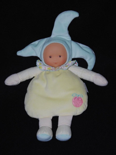 Peluche doudou poupée poupon lutin COROLLE jaune vert grelot col 24 cm NEUF