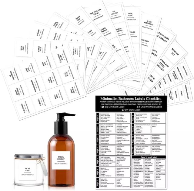 204 Pcs Bathroom Labels, Pre Printed Makeup Organizer Jars Labels Stickers Set,