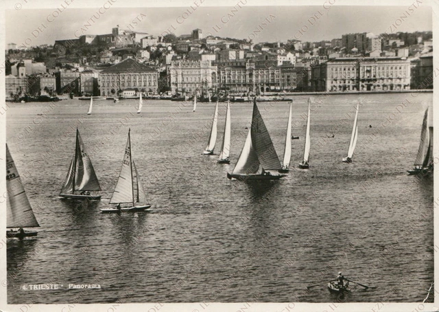 1938 TRIESTE Panorama barche a vela TIMBRO Lotteria di Merano Cartolina animata