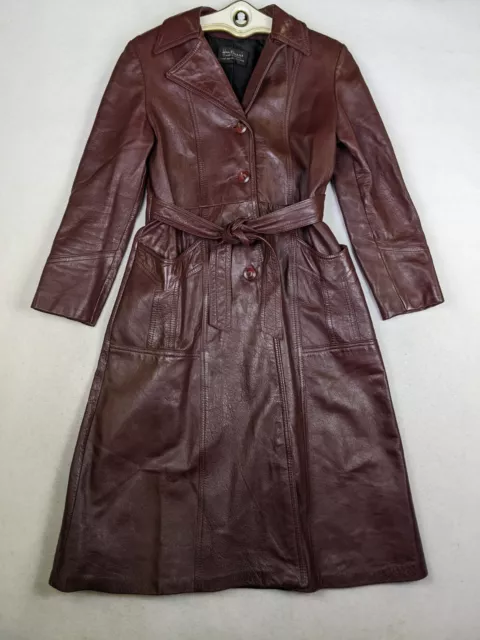 VINTAGE BURGUNDY MAROON Red Leather Belted Trench Coat Jacket - Hutner ...