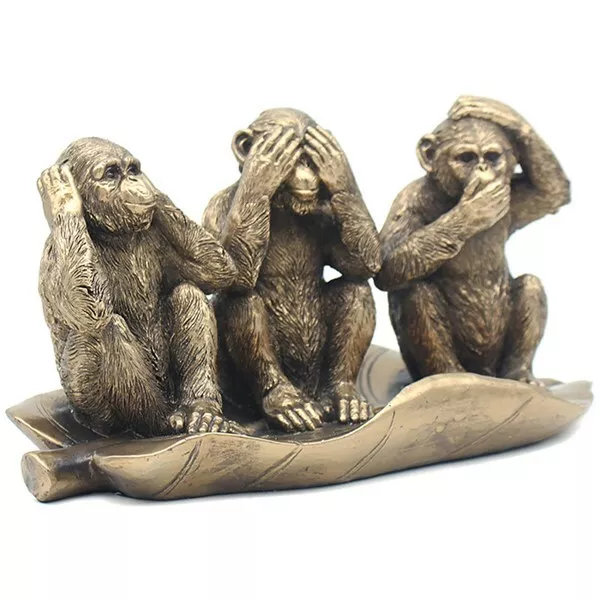 Bronze Colour 3 Three Wise Monkeys Ornament on Leaf Hear Say Speak No Evil