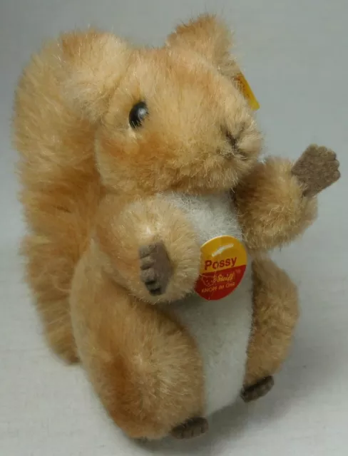 Steiff Eichhörnchen " Possy, mit Knopf, Fahne und Namensschild, 15 cm