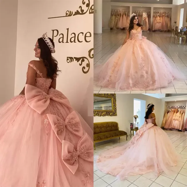 Pink Quinceanera Dresses Lace Up Appliques Off Shoulder Bow Ball Gown Sweet 16