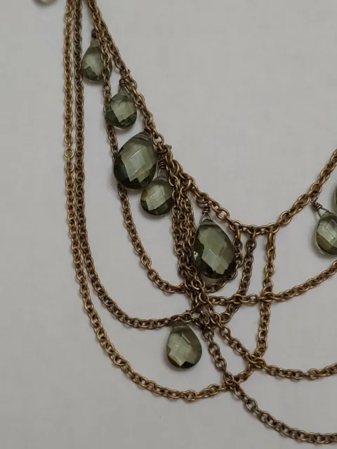 TALBOTS Faceted Green Rhinestones Necklace Multi Layered Chains Bronze
