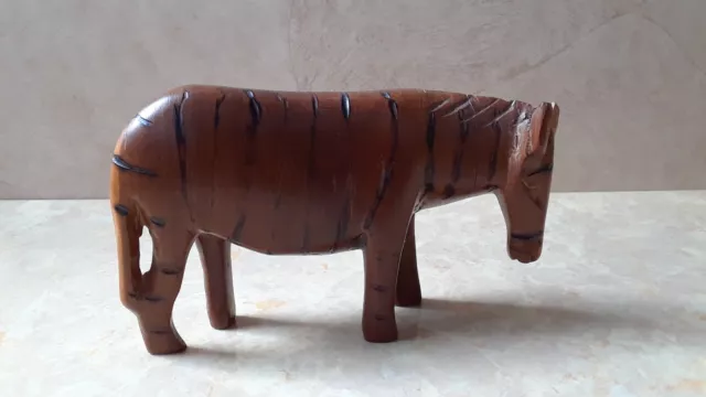 Vintage Hand Carved Wood Zebra Figurine, Wooden African Wildlife Safari Animal